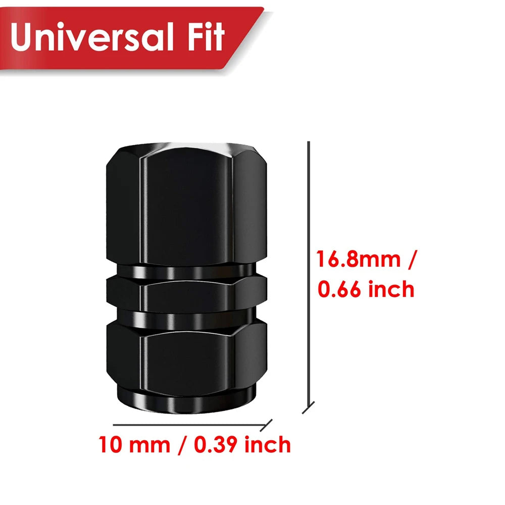 Black durable aluminum tire valve caps shown with dimensions 16.8mm and 10mm.