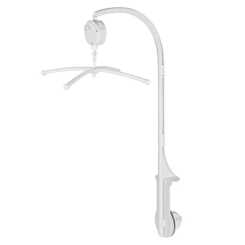 A white musical crib mobile with a rotating rattle bracket hanging from a curved arm.