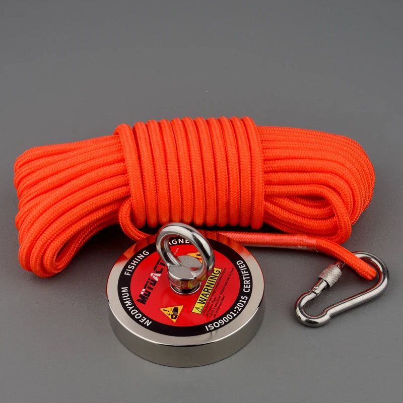 Orange heavy-duty neodymium salvage magnet with a 15m rope and gloves.