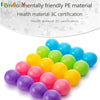 A pile of colorful, translucent soft play balls in shades of blue, green, yellow, and pink.