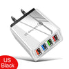 Silberner Wandadapter mit vier USB-C-Anschlüssen für schnelles Laden, topdown-Ansicht.