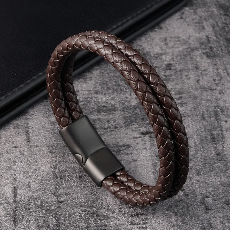 Men's Leather and Stainless Steel Bracelet with Magnetic Clasp