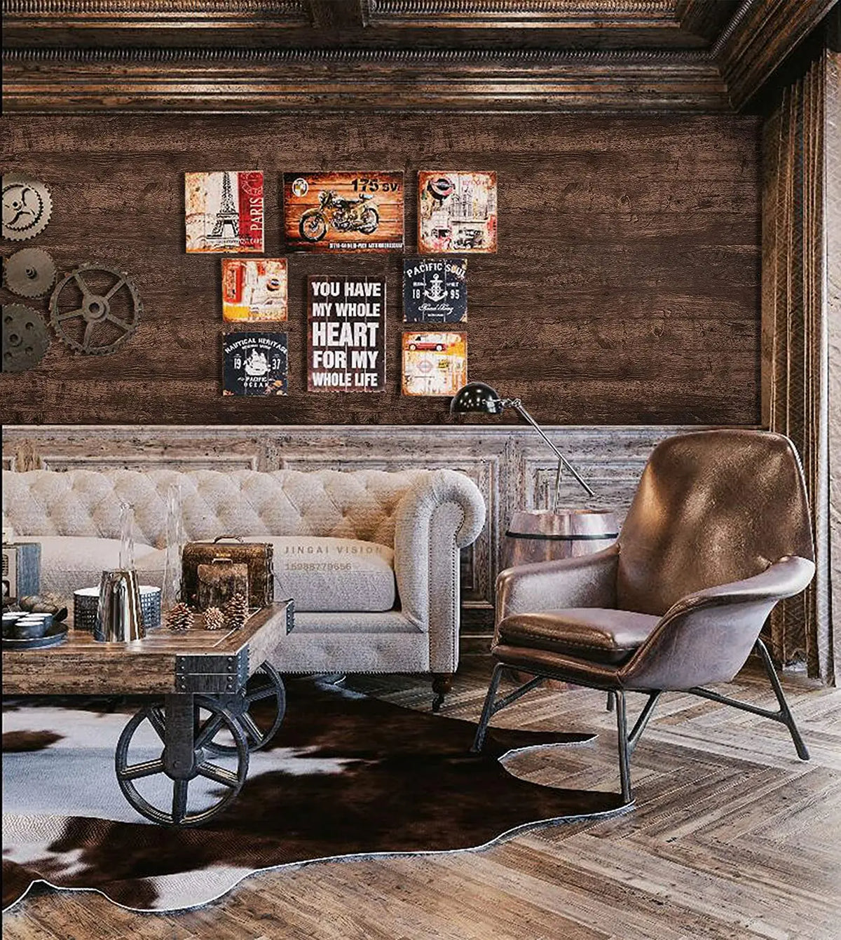 A dimly lit interior featuring rustic wood grain wallpaper on the wall, a leather armchair, and a wooden table.
