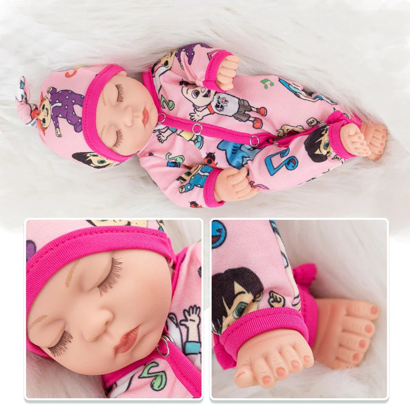 A pink jumpsuit outfit for a baby doll lying on white fluffy material.