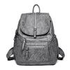 A gray vintage faux leather women's backpack with multiple compartments.