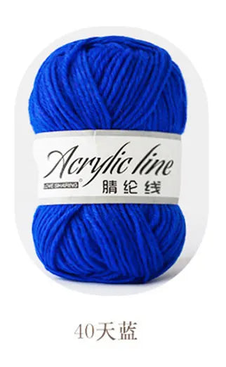 A ball of bright blue acrylic line yarn labeled for knitting and crochet.