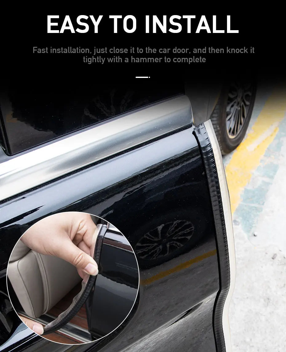 Close-up of a hand installing a black door edge protector strip on a car door.