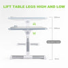 A white adjustable lift table with metal legs shown in a side view.