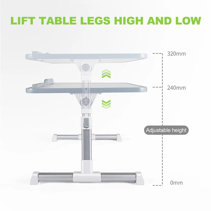 A white adjustable lift table with metal legs shown in a side view.