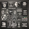 A collection of black embroidered punk skull patches and badges featuring various symbols, text, and imagery.