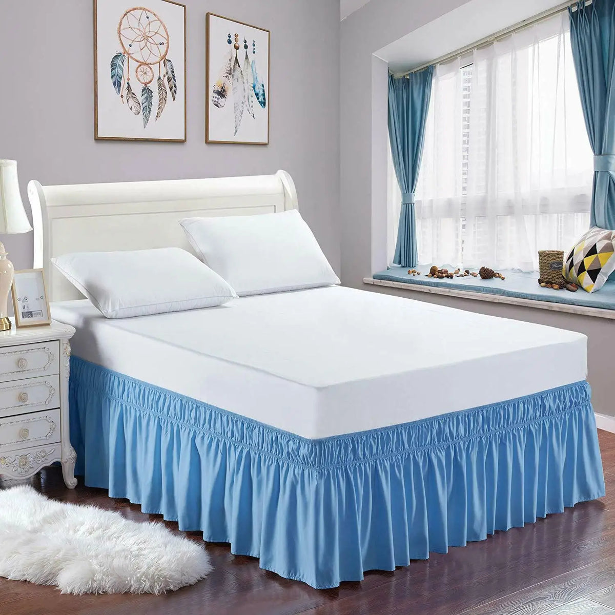 Wrap-Around Ruffle Bed Skirt with Elastic Belt - 15 Inch Drop