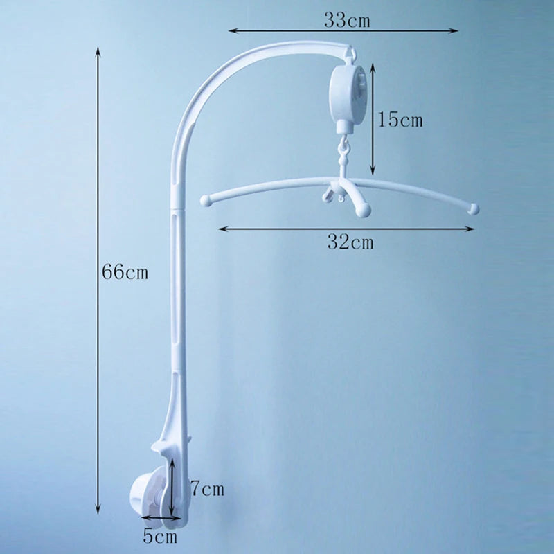 A white musical crib mobile with a rotating rattle bracket shown against a light blue background.