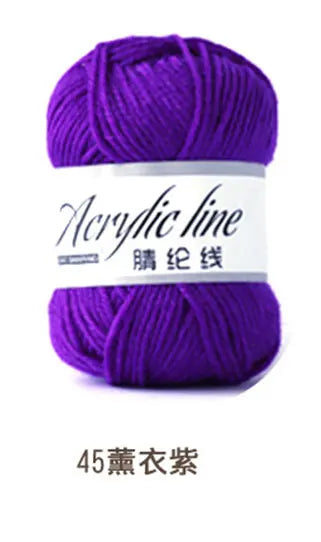 Purple acrylic line yarn balls labeled 45 Black Flower.