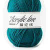 A ball of teal acrylic line yarn labeled as Acrylic line and 34g.