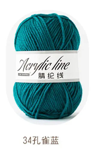 A ball of teal acrylic line yarn labeled as Acrylic line and 34g.
