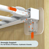 White adhesive shelf support pegs demonstrating strong support for various shelves, cabinets, and closets.