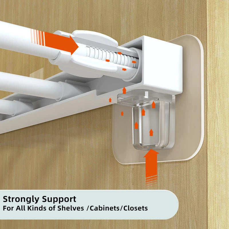 White adhesive shelf support pegs demonstrating strong support for various shelves, cabinets, and closets.