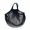 A black mesh produce bag with handles, showing a woven texture.
