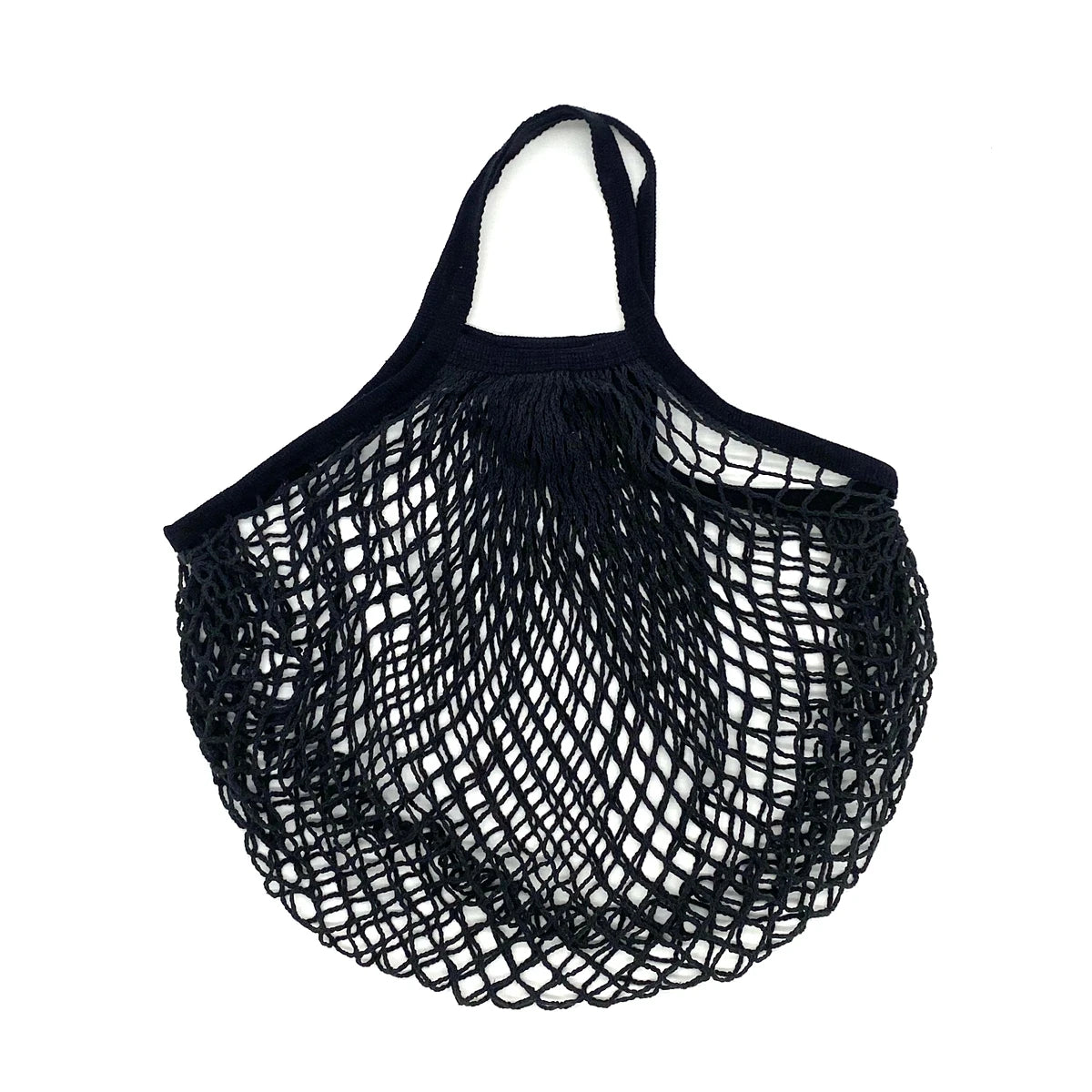 A black mesh produce bag with handles, showing a woven texture.