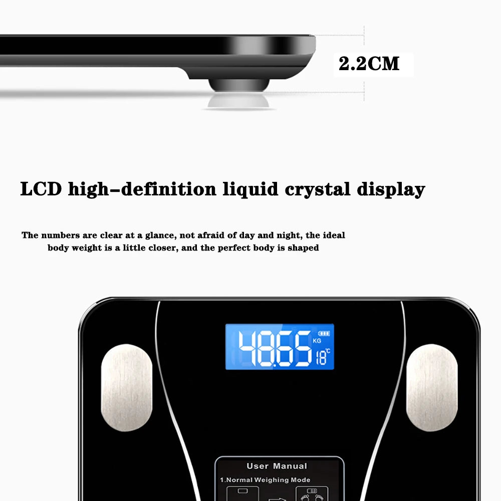 Close-up view of a black LCD high-definition liquid crystal display on a body composition scale.