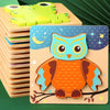 A wooden puzzle featuring an owl design with bright orange and blue feathers on a light wood background.