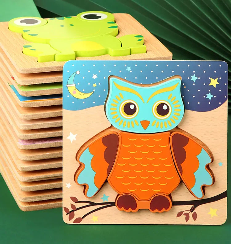 A wooden puzzle featuring an owl design with bright orange and blue feathers on a light wood background.