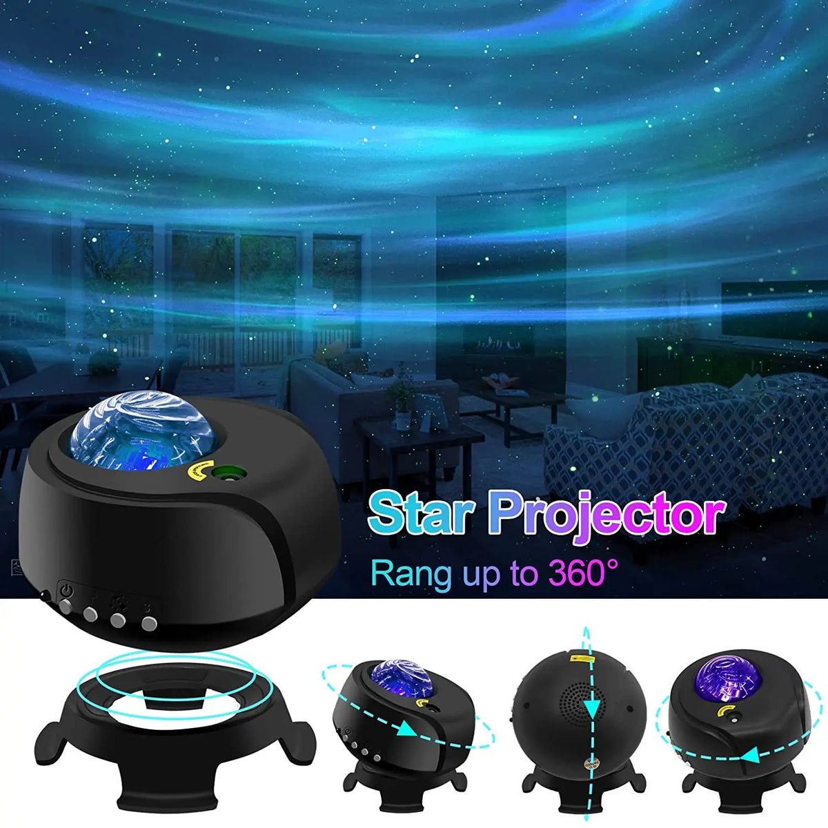 Black Star Projector device shown in various angles with a blue light effect against a dark background