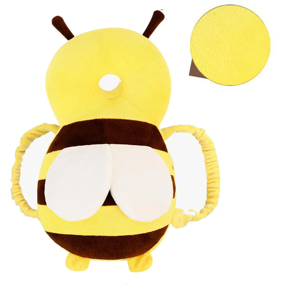 A yellow toddler head protector backpack with adjustable straps and a circular cutout.