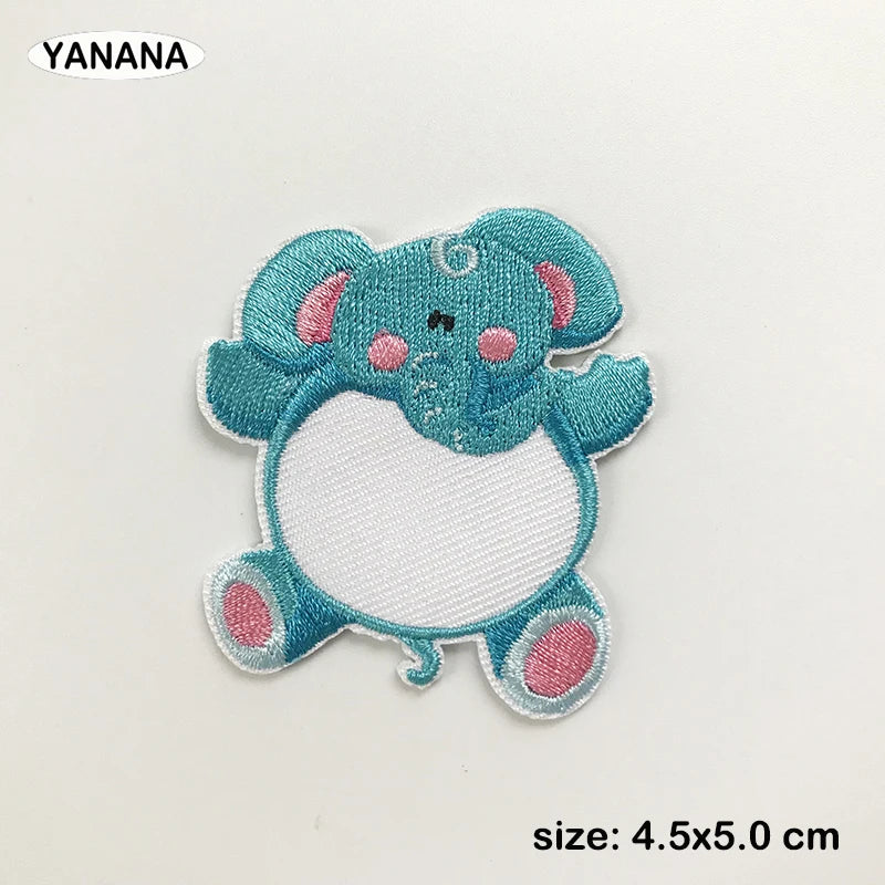 A light blue embroidered patch of a cute elephant face with pink accents and a white belly.