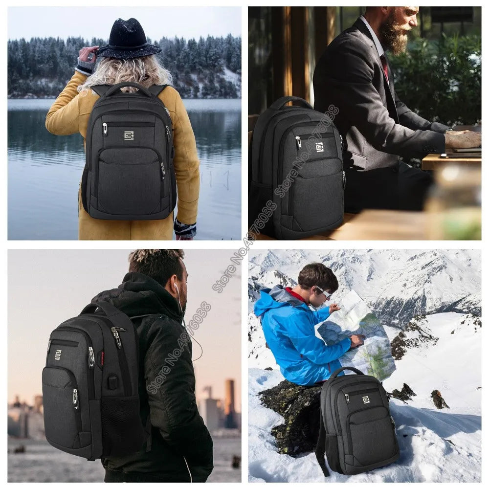 Ein Mann trägt einen schwarzen, schlanken Laptop-Rucksack in verschiedenen Outdoor-Umgebungen.