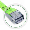 A close-up view of a bright green heavy-duty tie-down strap with a silver metal buckle.