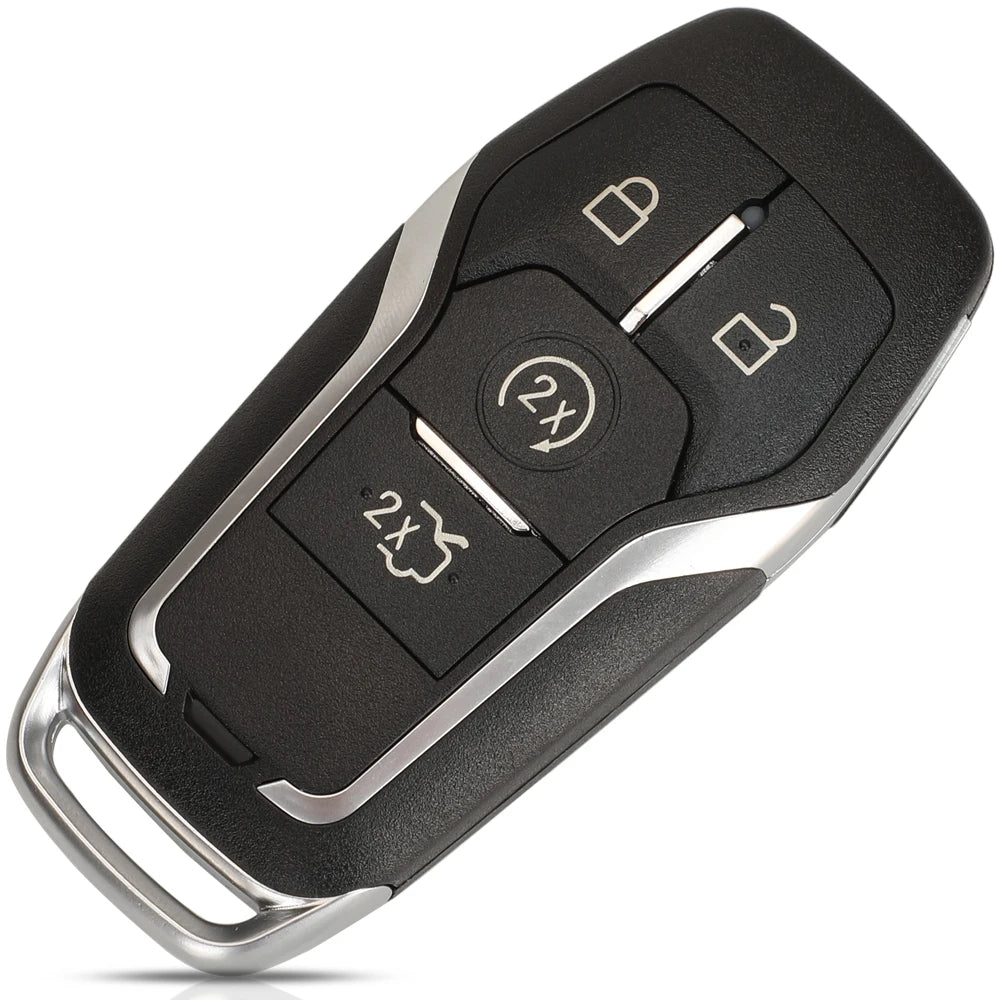 A black Ford smart key replacement shell with a silver blade and various buttons.