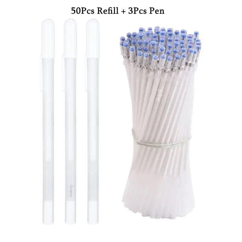 A set of 50 refill and 3 pen pencils in white, gold, and silver for writing on dark paper.