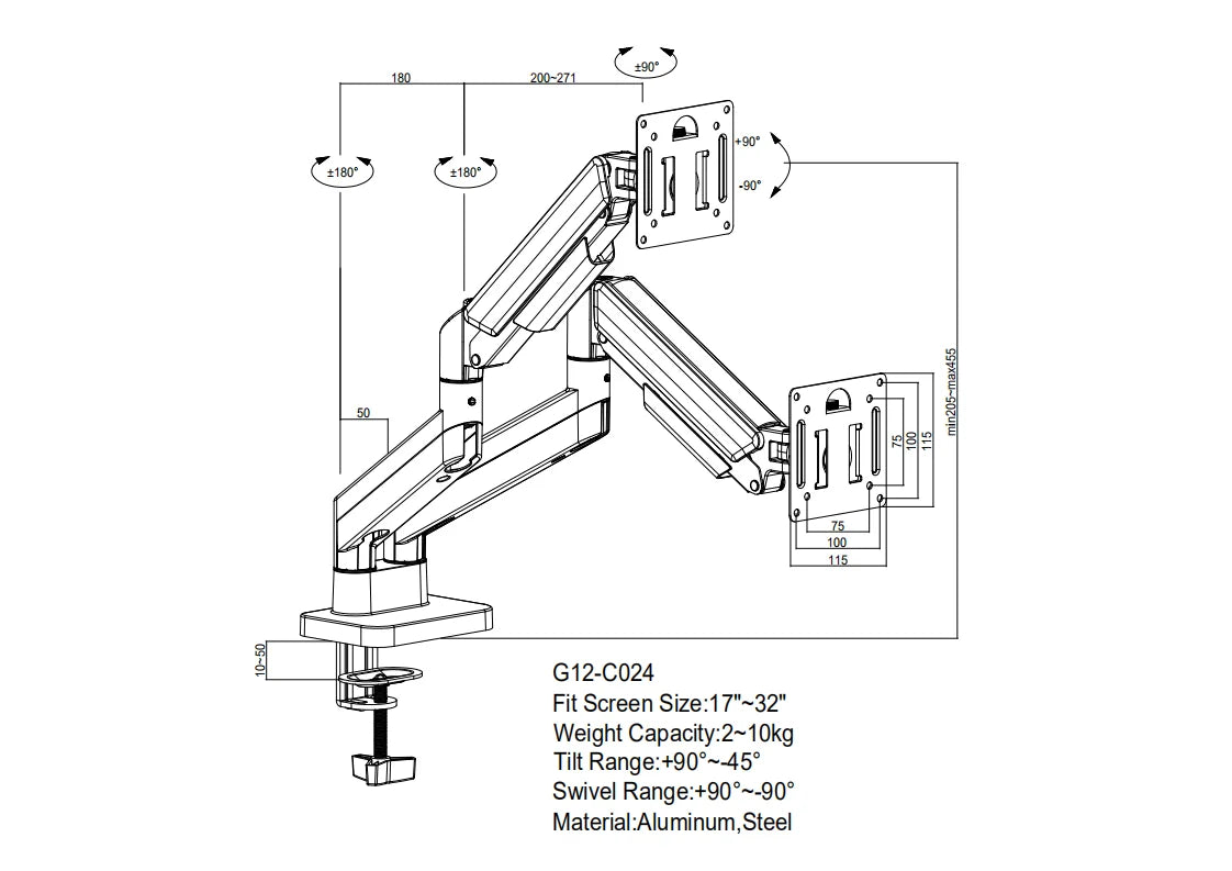 A diagram of a dual monitor desk mount with 90 degree swivel, showing its dimensions and features.