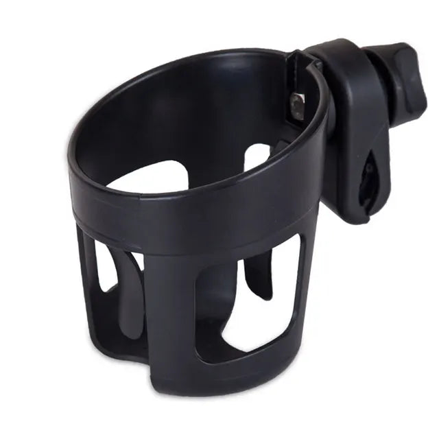 Black universal stroller cup and phone holder with a clip design