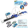 A set of metal model stunt racing cars and a track with a loop for dual-lane races