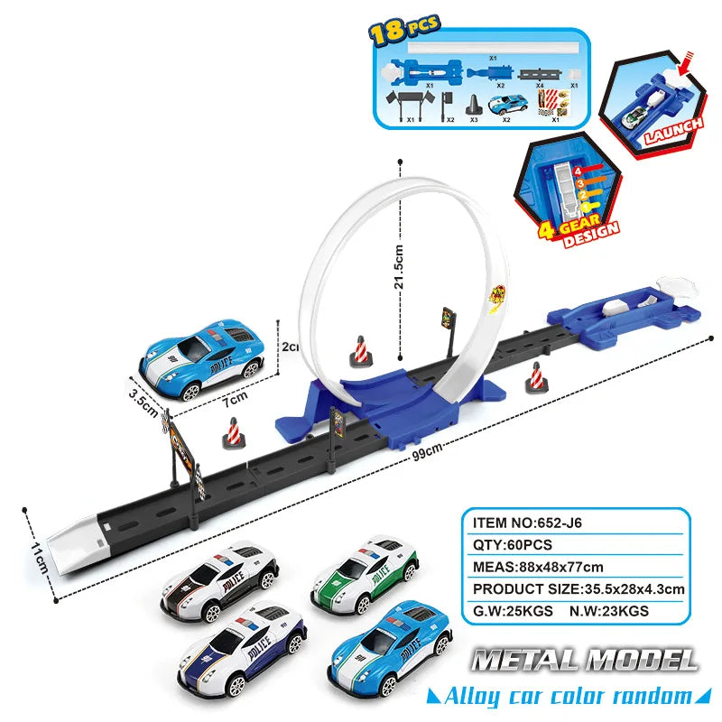 A set of metal model stunt racing cars and a track with a loop for dual-lane races