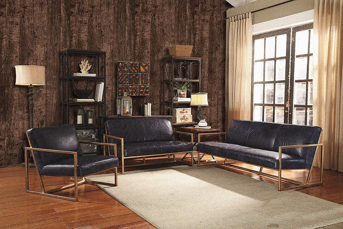 A living room interior featuring dark wood grain wallpaper, leather seating, and natural light.