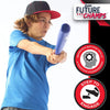 A girl wearing a baseball cap and blue shirt is pitching with a purple batting stick and ball.