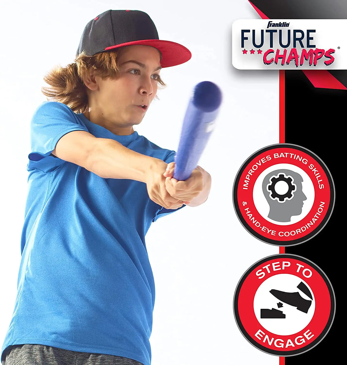 A girl wearing a baseball cap and blue shirt is pitching with a purple batting stick and ball.