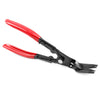 A pair of red and black trim clip removal pliers used for auto upholstery and panel work.