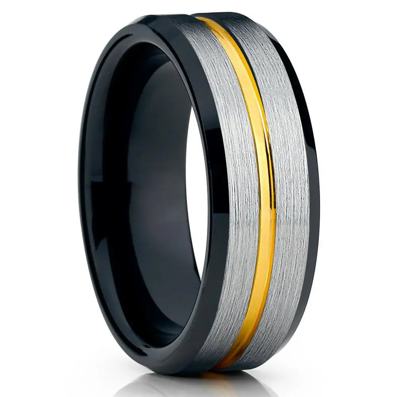 Men's Black Stainless Steel Wedding Band with Double Groove Detail