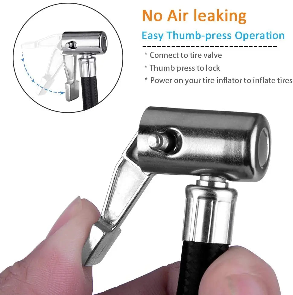A hand holds a silver locking air chuck with a flexible hose, demonstrating its thumb-press operation for inflating tires.