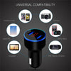 A black dual USB fast car charger with a digital display is shown surrounded by icons indicating universal compatibility with
