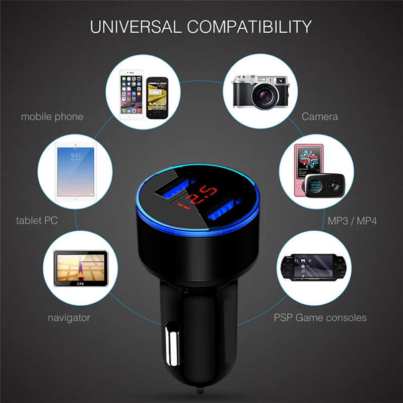 A black dual USB fast car charger with a digital display is shown surrounded by icons indicating universal compatibility with