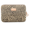 A beige and brown leopard print durable canvas laptop sleeve for a MacBook.