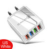 Weißer 4-port Schnellladegerät mit mehreren USB-Anschlüssen und Ladeanzeige.