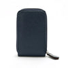 A dark navy blue genuine leather RFID-blocking card holder wallet shown from the side.