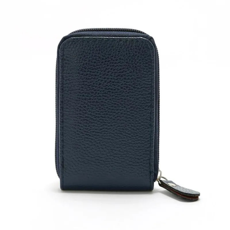 A dark navy blue genuine leather RFID-blocking card holder wallet shown from the side.