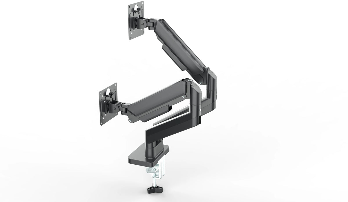 A black dual monitor desk mount with a 90-degree swivel joint.